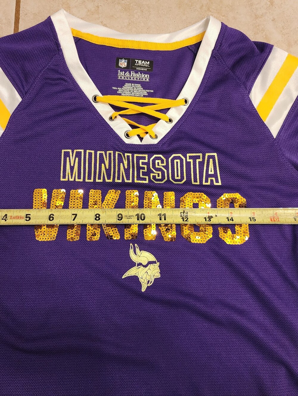Womens Minnesota Vikings Lace-Up Sequin Jersey Shirt Purple Gold Medium NFL Team - Picture 5 of 6